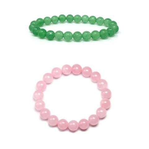Natural Green Aventurine and Rose Quartz Real Pure Crystal Certified 8 mm Bracelet Combo for Men and Women for Good Luck, Love, Abundance, Healing and Meditation