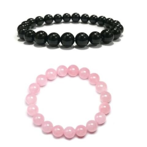 Natural Black Tourmaline and Rose Quartz Real Pure Crystal Certified 8 mm Bracelet Combo for Men and Women for Good Luck, Love, Abundance, Healing and Meditation