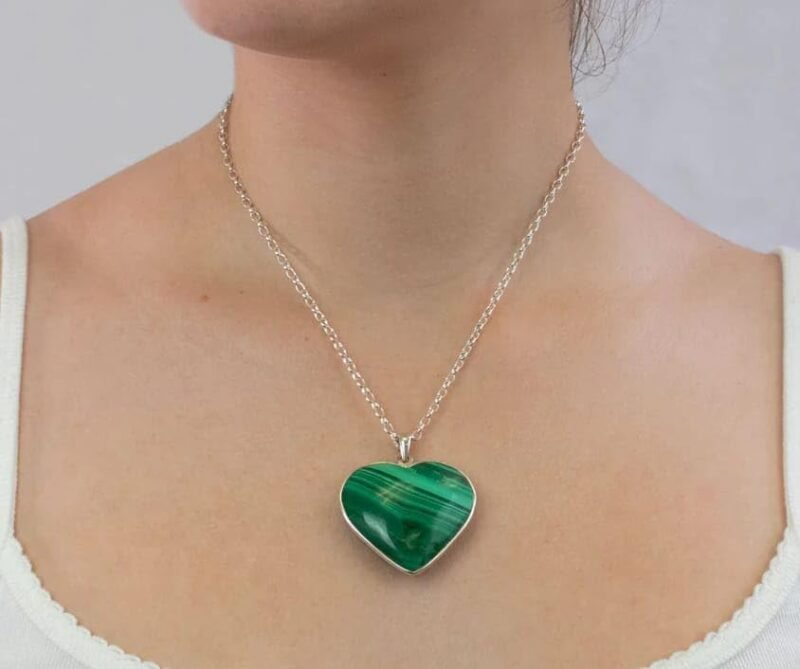 Natural Malachite Heart Pendant with Metal Chain - for Balance, manifestation and intution - A stone of transformation - Image 3