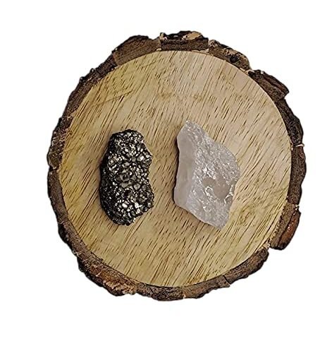 Pyrite and Clear Quartz AAA Grade Raw Natural Crystal Combo with Wooden Natural Bark Coaster for Healing, Meditation and Manifestation