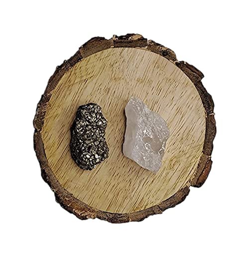 Pyrite and Clear Quartz AAA Grade Raw Natural Crystal Combo with Wooden Natural Bark Coaster for Healing, Meditation and Manifestation