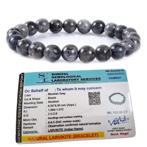 Natural Larvikite Crystal Bracelet Lab Certified 8 mm Semi Precious Gemstone Unisex AAA Grade Premium Stretchable Band Bracelet for Healing Meditation and Manifestation