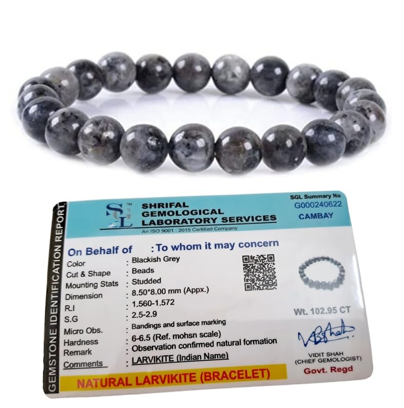 Natural Larvikite Crystal Bracelet Lab Certified 8 mm Semi Precious Gemstone Unisex AAA Grade Premium Stretchable Band Bracelet for Healing Meditation and Manifestation