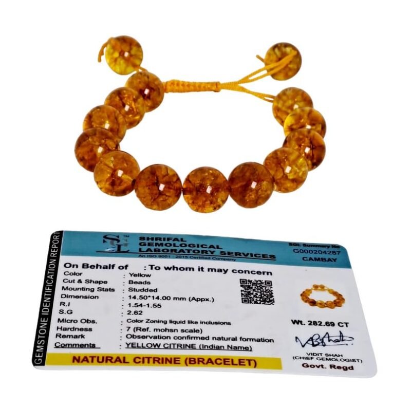 Divinity Healing Crystals Natural Citrine Pure Certified 14 mm Adjustable Thread Unisex Bracelet Super AAA Quality for Healing Meditation Success and Abundance