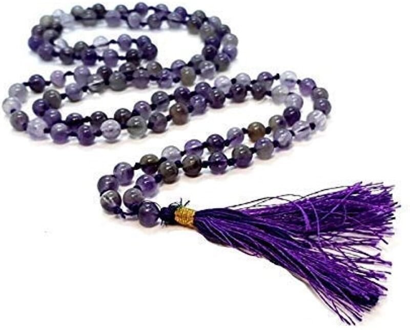 Natural Amethyst Pure Certified Jaap Mala Collection for Men and Women Natural Pure 8 mm Beads - for Yoga Reiki Meditation Feng Shui with Palo Santo Smudge Stick