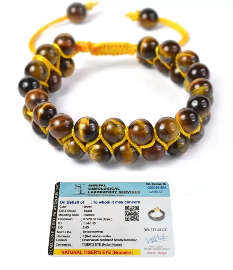 Original Tiger Eye Certified Double Layered Unisex Bracelet with 8 mm Beads to Harness Courage and Strength and Release Hesitation