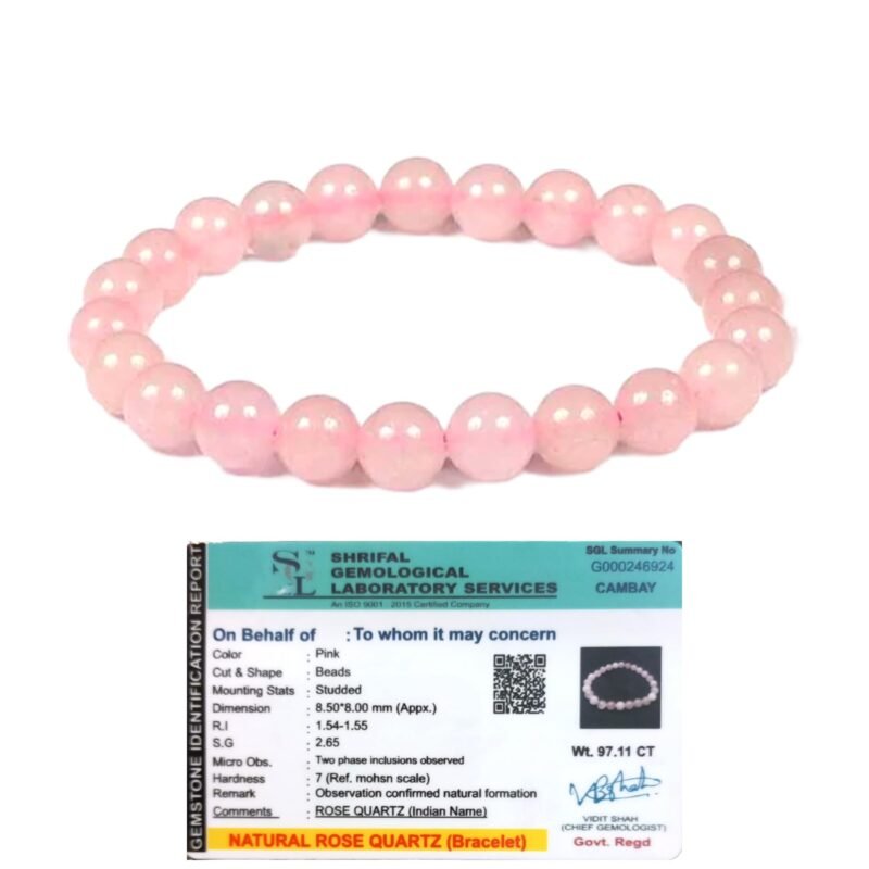 Unisex Adult Lab Certified Aaa Grade Natural Rose Quartz Bracelet 8Mm Strechable Original Real Crystal 'stone Of Love' Bracelet For Love, Heart Chakra & Peace