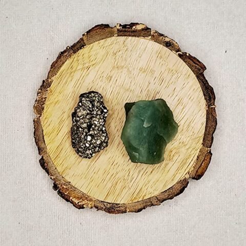 Pyrite and Green Aventurine AAA Grade Raw Natural Crystal Combo with Wooden Natural Bark Coaster for Healing, Meditation and Manifestation