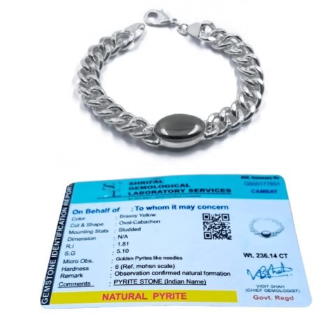 Natural Pyrite Cabochon Real Crystal Certified Chain Bracelet for Men and Women for Good Luck, Love, Abundance, Healing and Meditation