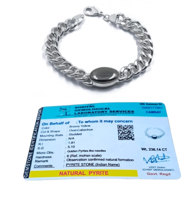 Natural Pyrite Cabochon Real Crystal Certified Chain Bracelet for Men and Women for Good Luck, Love, Abundance, Healing and Meditation