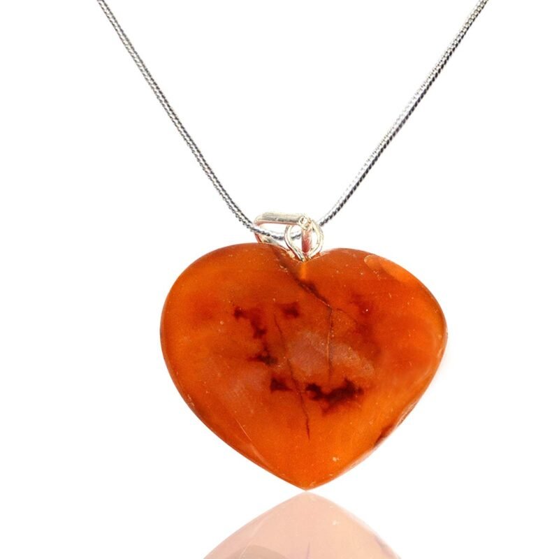 Natural Healing Stone Pendant Heart Shape Crystal Stone Pendant / Locket with Metal Chain for Healing and Meditation Size 25-30 mm Approx. (Carnelian)