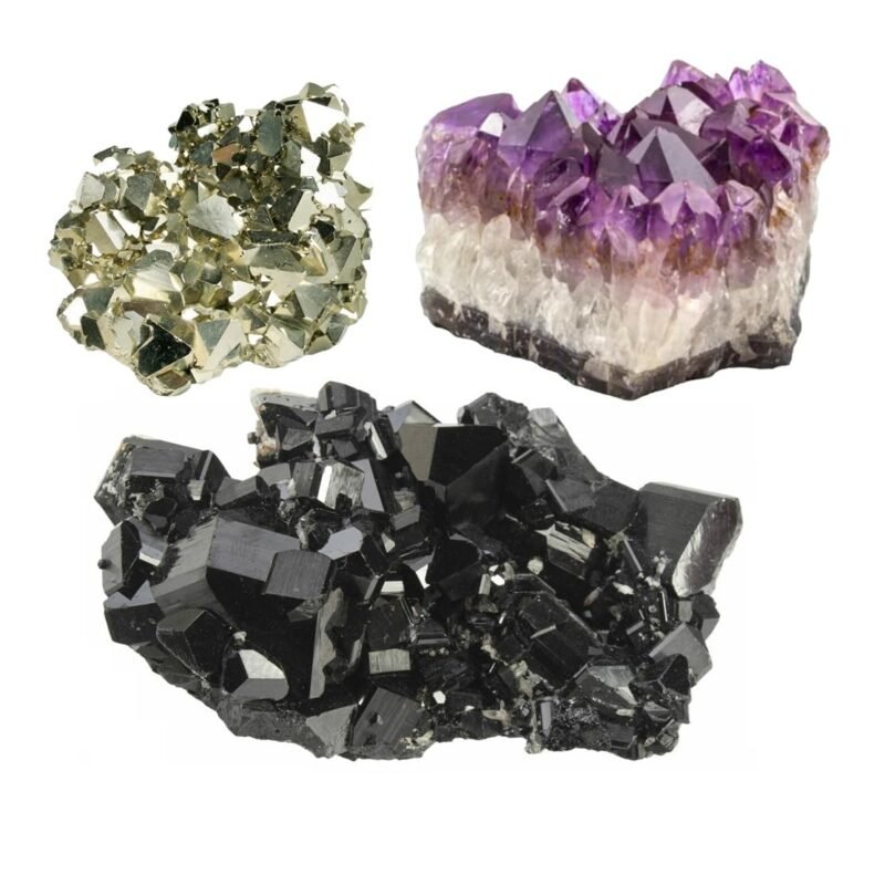 Triple Action Natural Crystal Cluster Abundance Manifestation Kit - (Pyrite Cluster with Amethyst Cluster and Black Tourmaline Cluster)