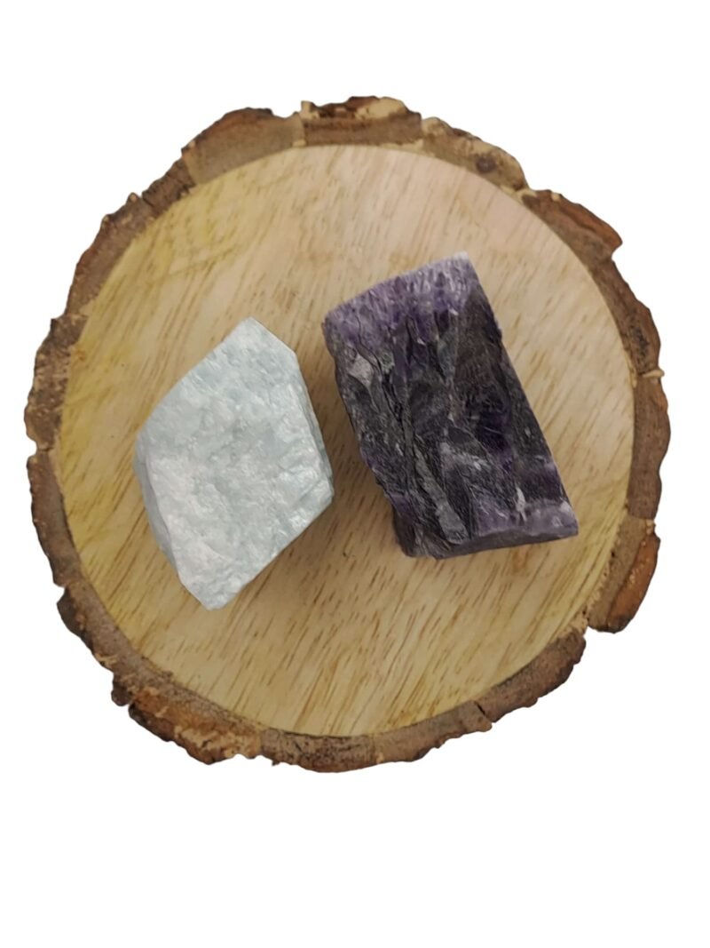 Amazonite and Amethyst AAA Grade Raw Natural Crystal Combo with Wooden Natural Bark Coaster for Healing, Meditation and Manifestation