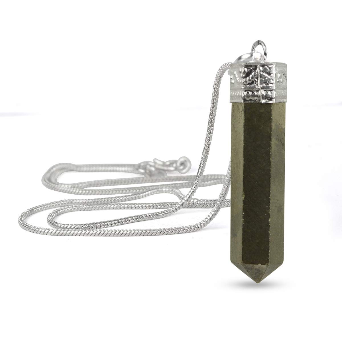 Divine Spirituals Natural Healing Stone Pendant Pencil Shape Crystal Stone Certified Pendant/Locket with Chain - Healing Gemstone Size 30-35 mm Approx(Pyrite Pendant)