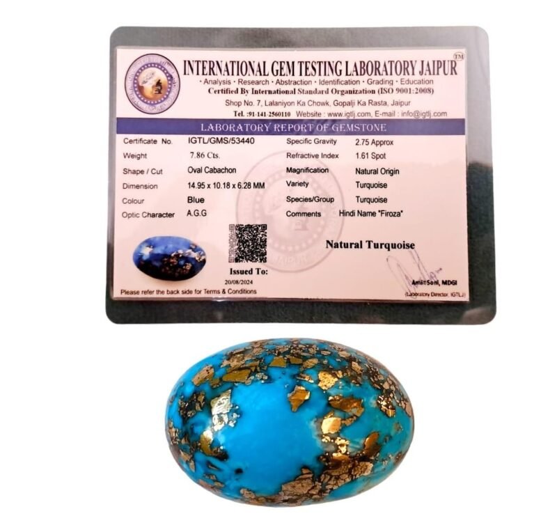 Real Original Firoza Turquoise Gemstone for Men and Women ? Oval Shaped for Ring and Pendant Premium Turquoise Jewellery - The Stone of Compassion and Success 7.73 Carat