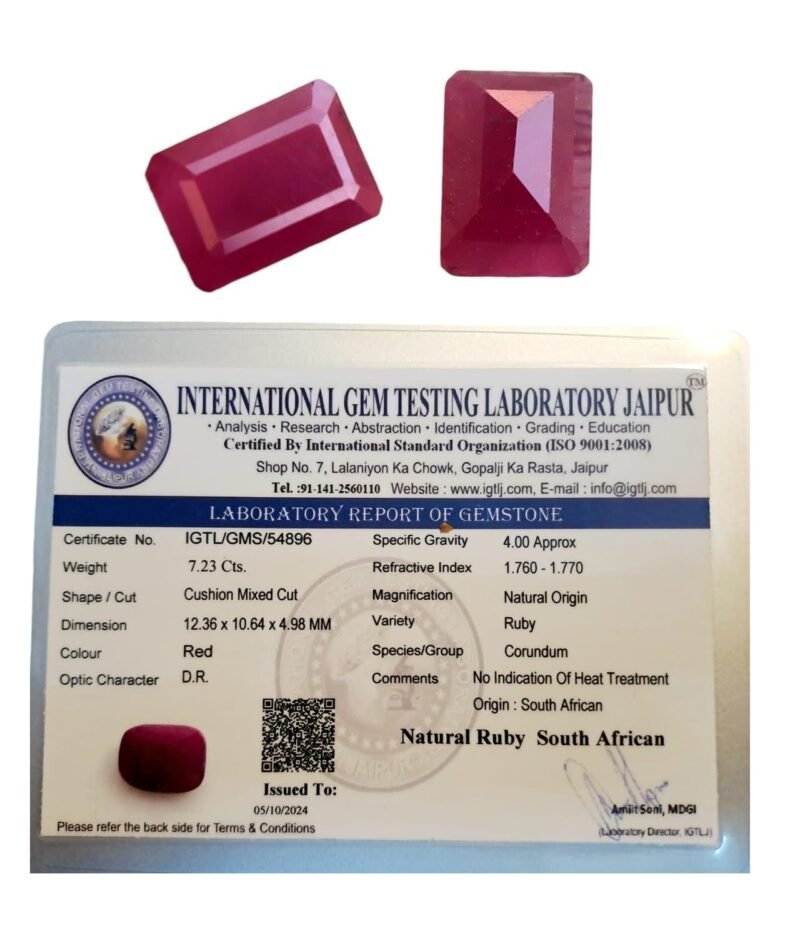 Certified Non-Heated South African Ruby - Premium Deep Red Natural Gemstone | Rare & Untreated Ruby for Engagement Rings, Jewelry, Collectors | IGTL Certified - Octa Mixed Cut 8.4 Carats