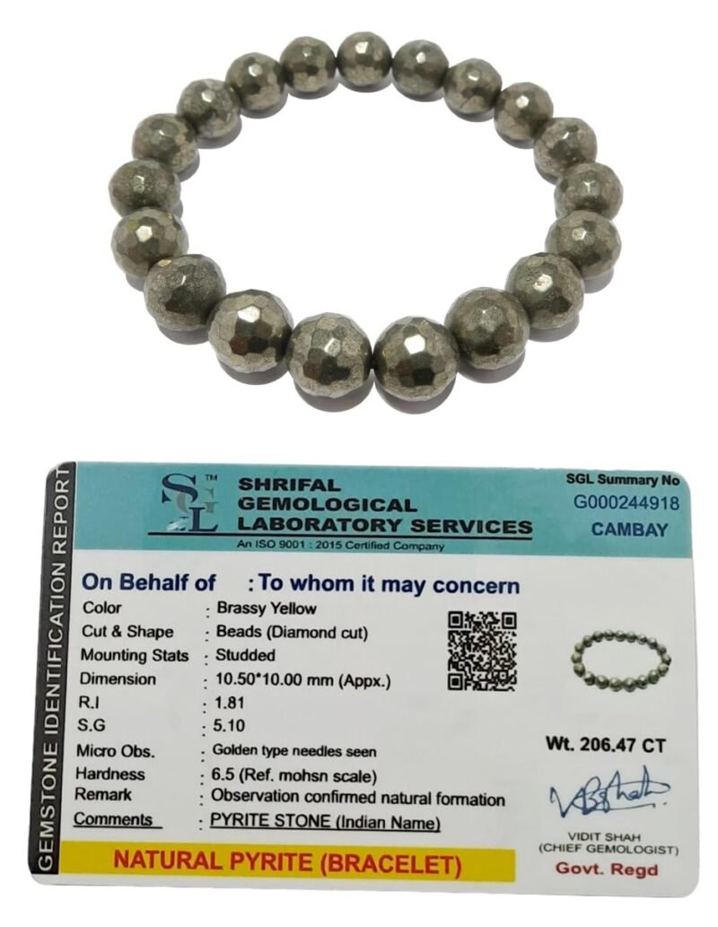 Pyrite Stone Original Certified Stone Diamond Cut Unisex 10 mm Faceted Strechable Band Bracelet for Wealth Prosperity Good Luck and Success