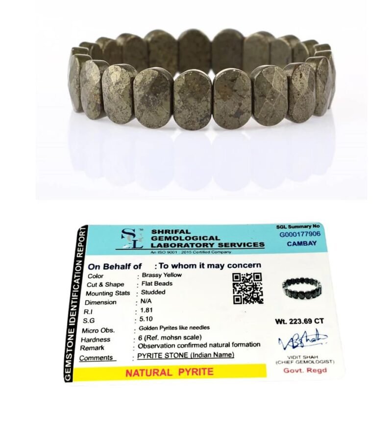 Natural Pyrite Real Pure Crystal Lab Certified 10 mm Flat Bead Faceted Bracelet for Men and Women for Good Luck, Love, Abundance, Healing and Meditation