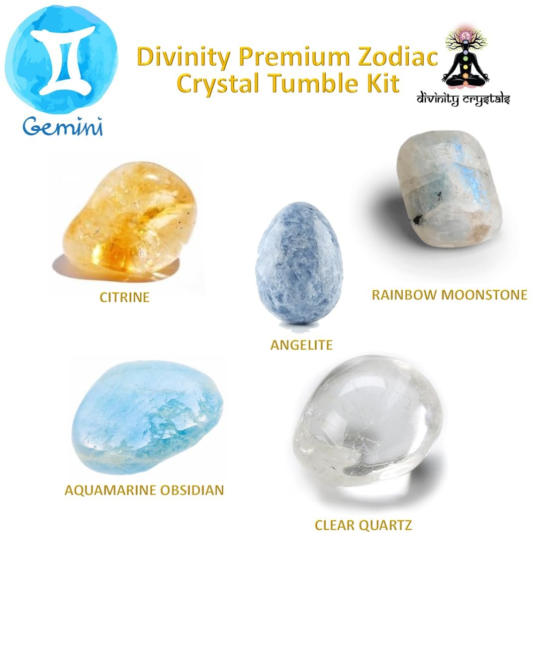 Divinity Zodiac Gemini Premium Birthstone Gemstone Tumble Crystal Kit for Healing, Meditation Abundance and Good Luck