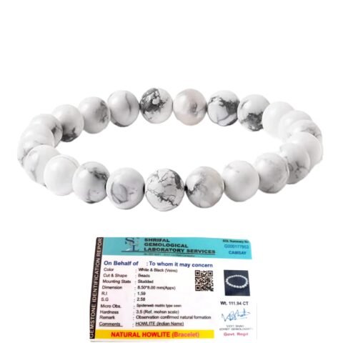 Natural Howlite Bracelet Lab Certified AAA Grade 8mm Stretchable Unisex Real Crystal Bracelet For Calming Energy, Crown Chakra, Good Sleep & Meditation