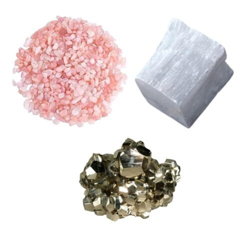 Pyrite Stone Original Certified Natural Raw Geode 40 Grams with 50 Grams Natural Rose Quartz Chips and 1 Natural Selenite Stone Raw Block for Healing Meditation and Manifesting Abundance