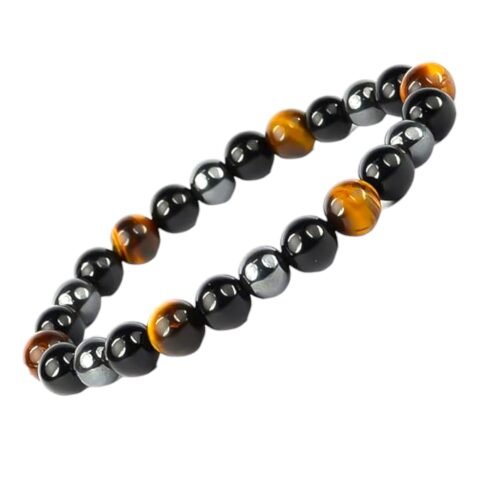 Premium Triple Protection Bracelet Tiger's Eye Hematite Black Obsidian 8mm Lab-Certified Stretchable Bracelet For Protection, Success & Luck For Men & Women