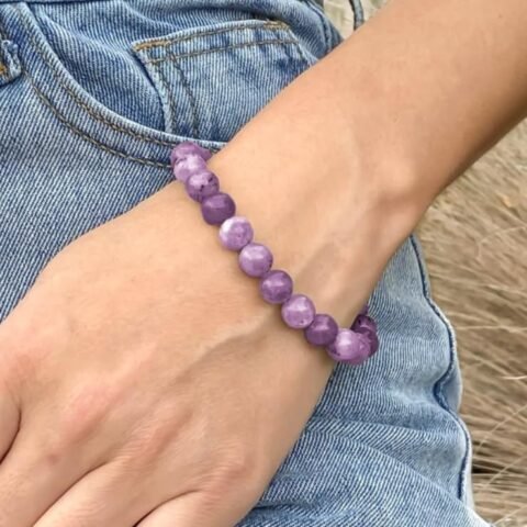 Lepidolite Natural Crystal Bracelet Lab Certified 8 mm Semi Precious Gemstone Unisex AAA Grade Premium Stretchable Band Bracelet for Healing Meditation and Manifestation