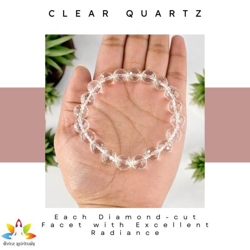 Natural Clear Quartz (Sphatik) Bracelet Lab-certified 10mm Diamond-cut Faceted Stretchable Original Real Crystal Bracelet For Meditation, Manifestation & Peace For Men & Women