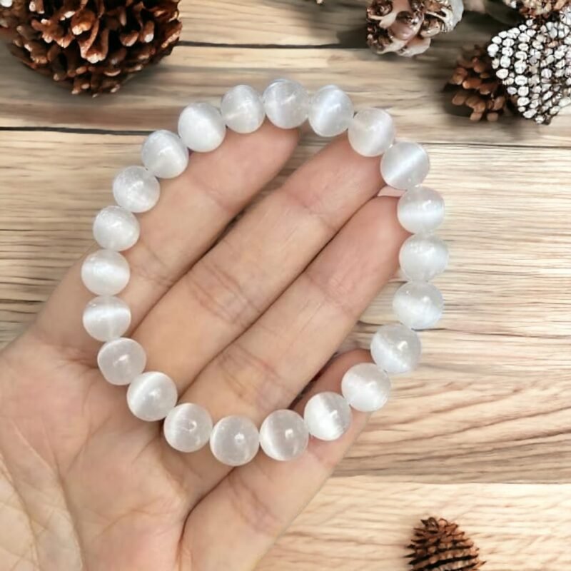 Natural Crystal Selenite Bracelet 8mm Stretchable Original Semi Precious Gemstone Bracelet For Crown Chakra, Aura Cleansing, Purification and Peace