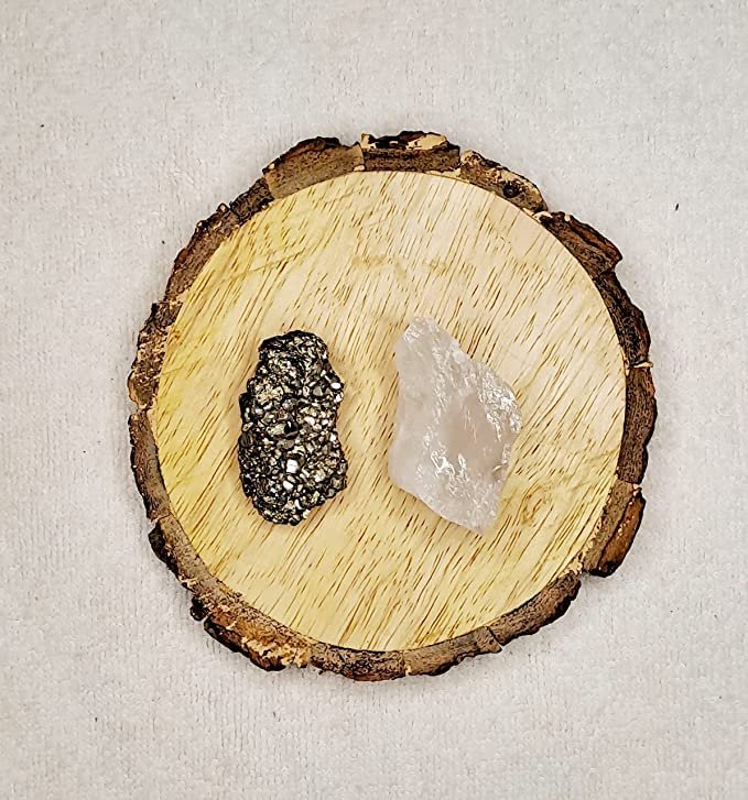 Pyrite and Clear Quartz AAA Grade Raw Natural Crystal Combo with Wooden Natural Bark Coaster for Healing, Meditation and Manifestation
