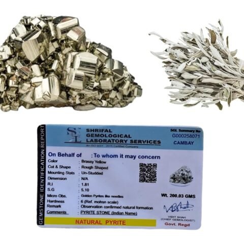 Natural Pyrite Raw with White Sage Smudge Leaves for Smudging and Cleansing/Rough Cluster/Peru Pyrite for Healing/Vastu/Gifts/Wealth, Attracts Business Luck (10 Grams + to 200 Grams + Approx.)