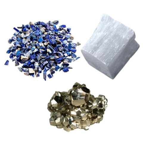 Pyrite Stone Original Certified Natural Raw Geode 40 Grams with 50 Grams Natural Lapis Lazuli Chips and 1 Natural Selenite Stone Raw Block for Healing Meditation and Manifesting Abundance