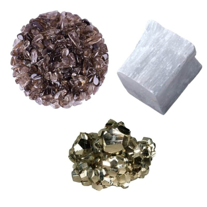 Pyrite Stone Original Certified Natural Raw Geode 40 Grams with 50 Grams Natural Smoky Quartz Chips and 1 Natural Selenite Stone Raw Block for Healing Meditation and Manifesting Abundance