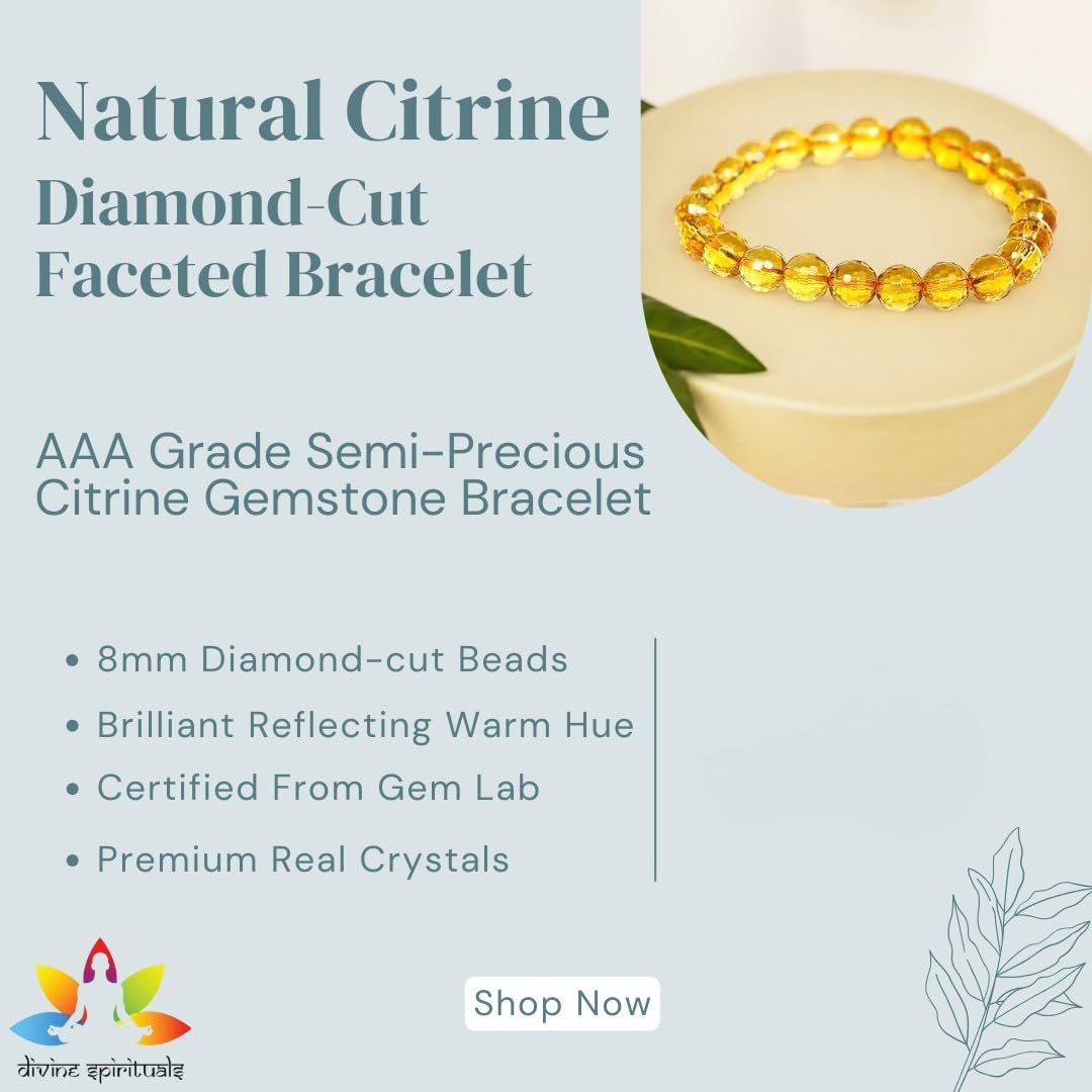 Natural Citrine Diamond-cut Faceted 8mm Bracelet Lab-certified AAA Grade Original Real Semi-Precious Gemstone Stretchable Unisex Bracelet For Success, Prosperity & Manifestation