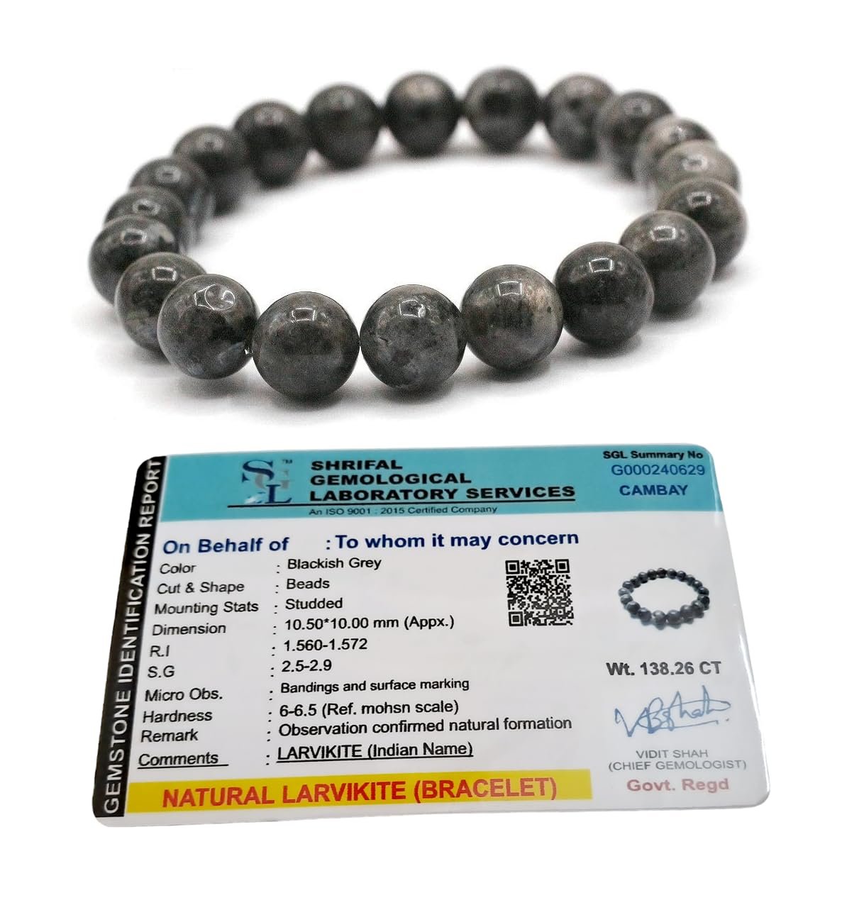 Natural Larvikite Crystal Bracelet Lab Certified 10 mm Semi Precious Gemstone Unisex AAA Grade Premium Stretchable Band Bracelet for Healing Meditation and Manifestation
