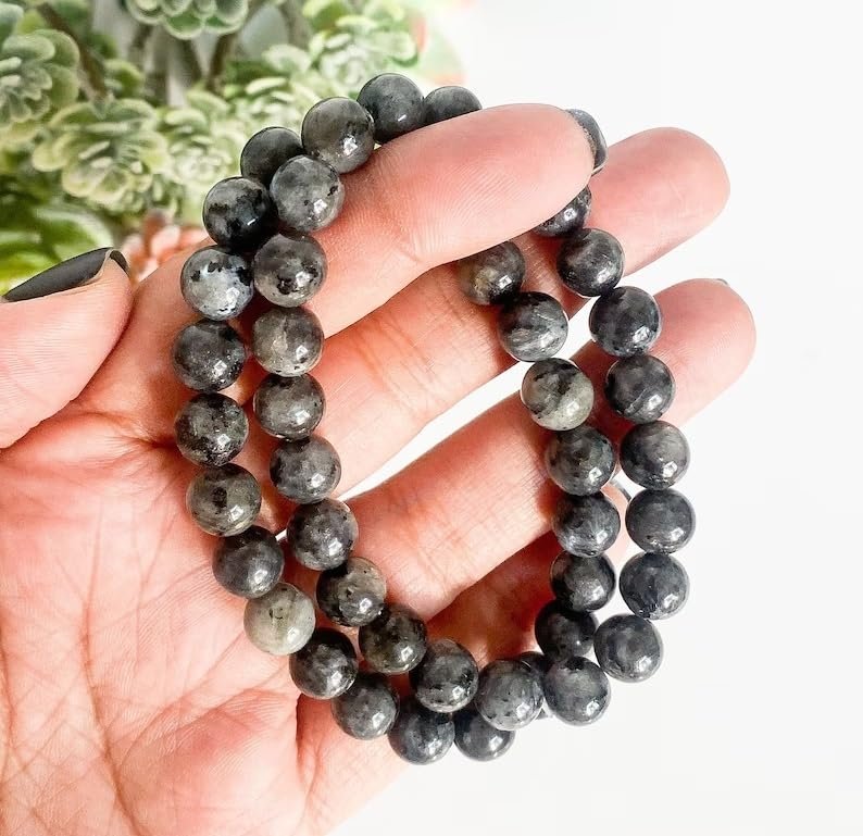 Natural Larvikite Crystal Bracelet Lab Certified 8 mm Semi Precious Gemstone Unisex AAA Grade Premium Stretchable Band Bracelet for Healing Meditation and Manifestation
