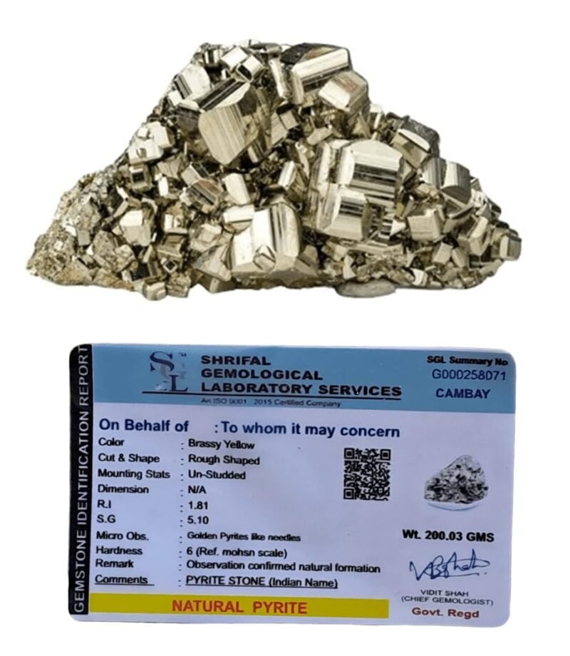 Pyrite Stone Original Cluster Stone - Natural Energised Golden Pyrite Stone for Healing, Willpower, Money Manifestation, Vastu, and Business - Certified Original Pyrite (200 Grams Plus Approx.)