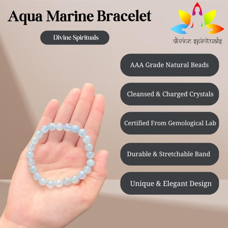 Natural Blue Aquamarine Bracelet Lab-Certified AAA Grade 8mm Stretchable Original Unisex Bracelet For Throat Chakra, Communication, Spiritual Growth & Meditation - Image 3