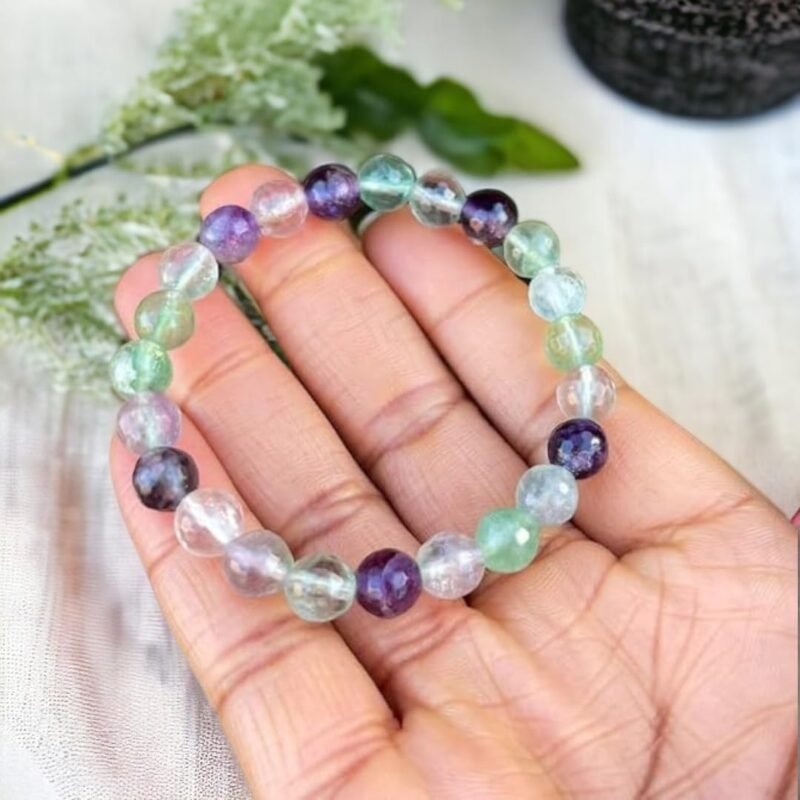 Multi Fluorite Bracelet 8mm Stretchable Original Semi Precious Gemstone Unisex Bracelet For Spiritual Growth, Manifestation, Stress Reduction, Aura Cleansing & Meditation