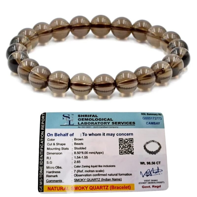 Natural Smoky Quartz Real Pure Crystal Certified 8 mm Bracelet for Men and Women for For Manifestation, Healing and Meditation Stability and Grounding