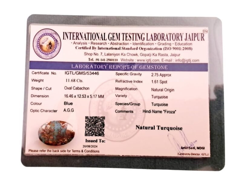 Natural Firoza Turquoise Beautiful Pure Lab Certified Irani Firoza Exclusive Double Polished Gemstones for Peace, Protection Name and Fame for Men and Women 10.17 Carat