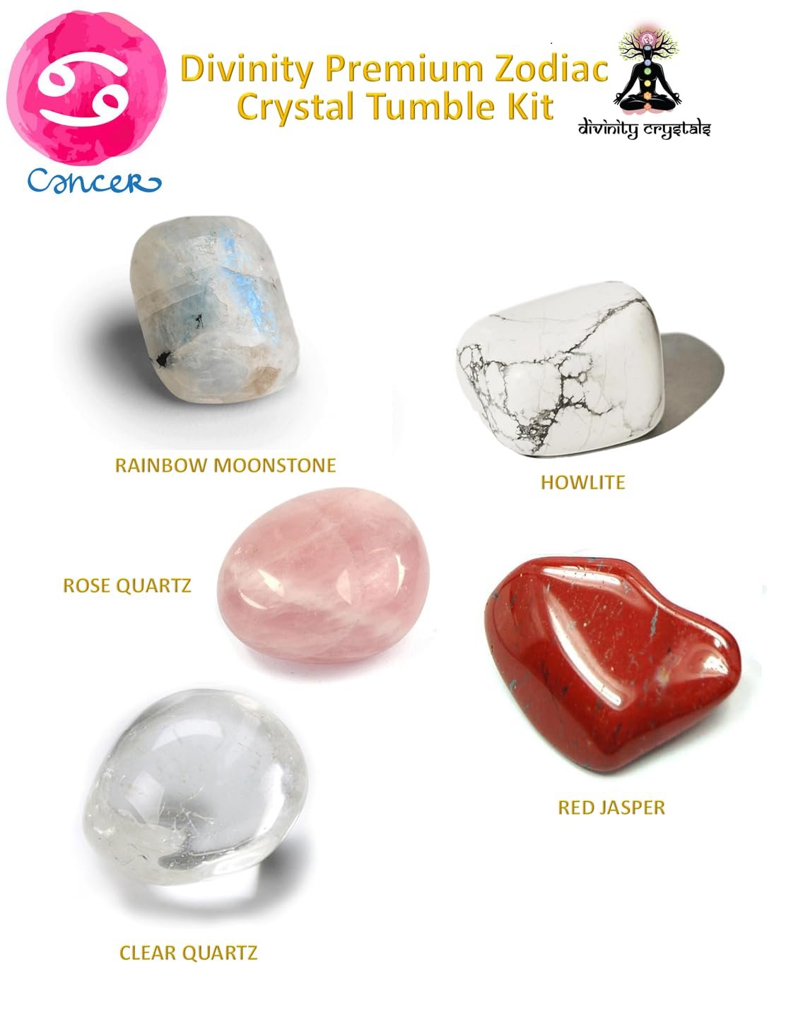 Divinity Zodiac Cancer Premium Birthstone Gemstone Tumble Crystal Kit for Healing, Meditation Abundance and Good Luck