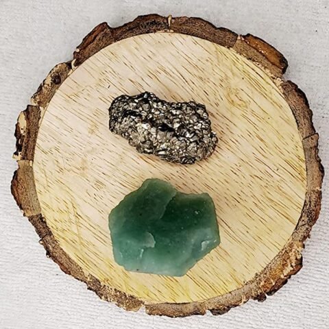 Green Aventurine and Pyrite AAA Grade Raw Natural Crystal Combo with Wooden Natural Bark Coaster for Healing, Meditation and Manifestation