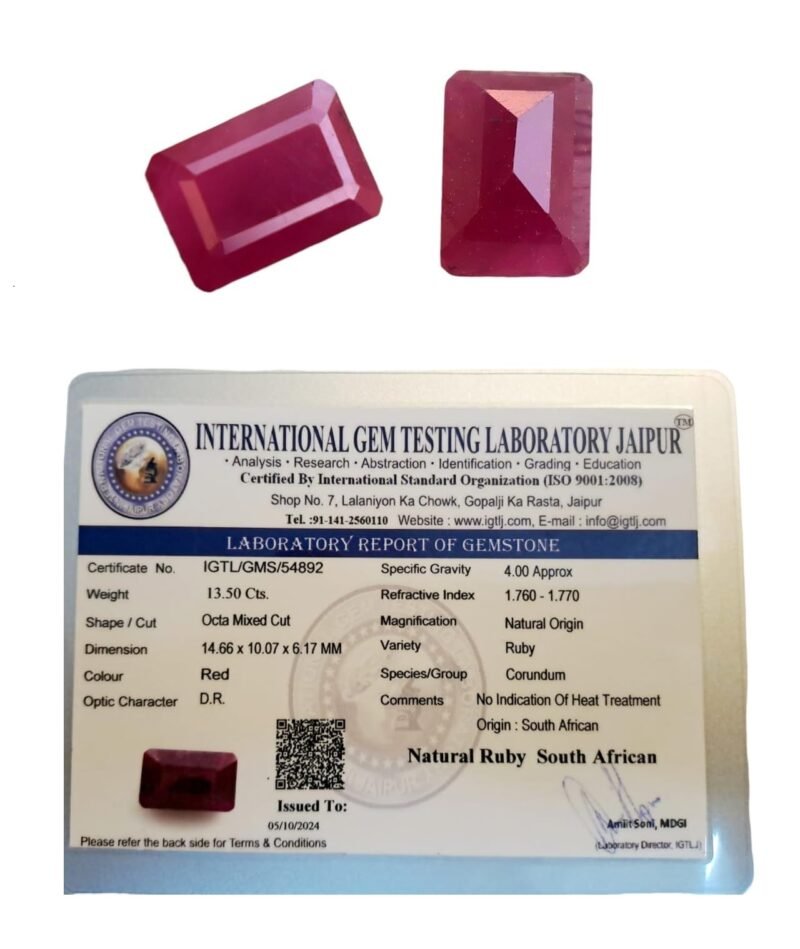 Certified Non-Heated South African Ruby - Premium Deep Red Natural Gemstone | Rare & Untreated Ruby for Engagement Rings, Jewelry, Collectors | IGTL Certified - Cushion Cut 7.23 Carats