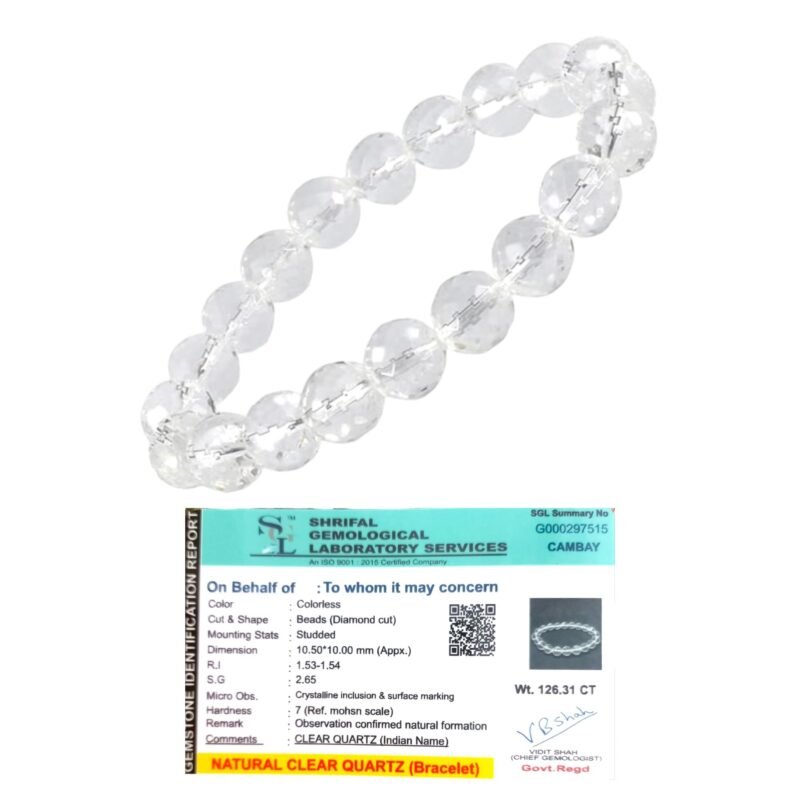 Natural Clear Quartz (Sphatik) Bracelet Lab-certified 10mm Diamond-cut Faceted Stretchable Original Real Crystal Bracelet For Meditation, Manifestation & Peace For Men & Women