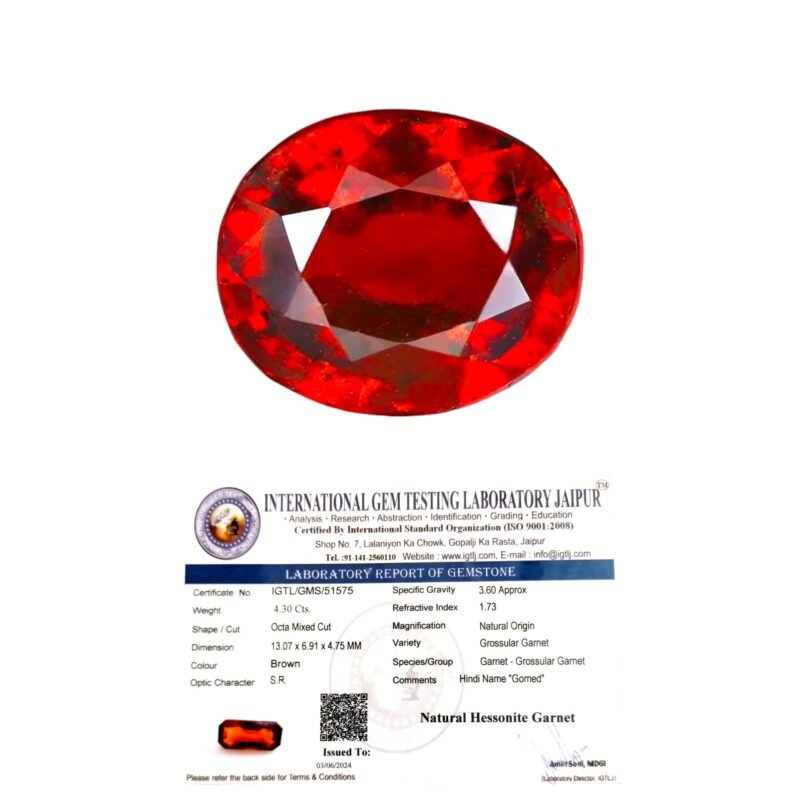 Natural African Hessonite Garnet Gemstone (Gomed) Original Lab-Certified AAA Grade Premium Oval-shaped Cabochon For Healing, Meditation & Ring Jewelry 4 carat approx.