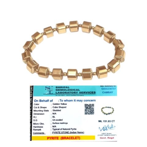 Golden Pyrite Cubical Square Beaded Bracelet Damru-shape Beads Stylish Elegant Unisex Certified Bracelet For Prosperity, Abundance & Manifestation