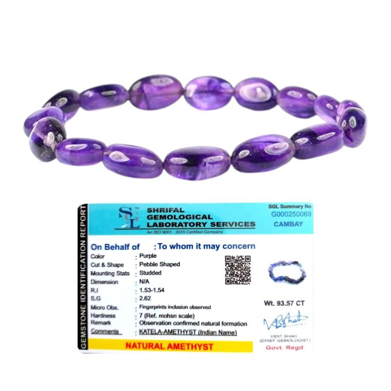 Natural Amethyst Bracelet AAA Grade Certified Pebble Oval Shape Unisex Real Crystal Bracelet for Spiritual Growth, Calmness, & Intuition