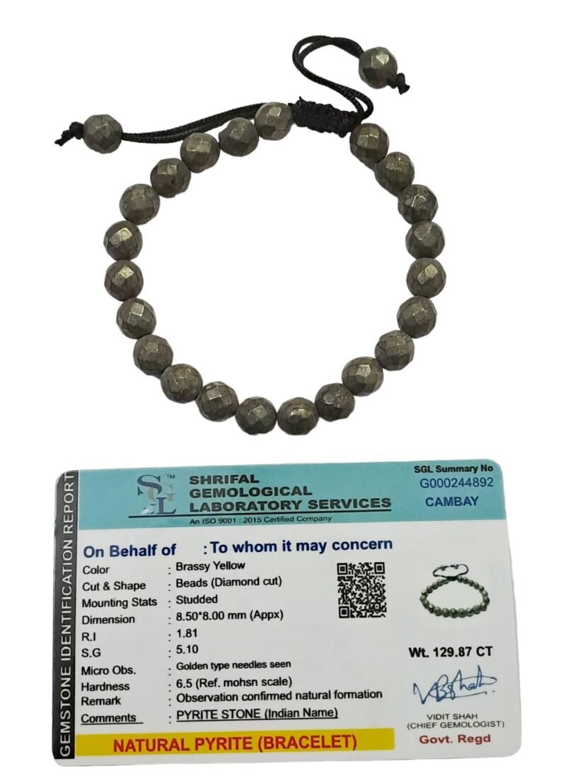 Pyrite Stone Original Certified Stone Diamond Cut 8mm Unisex Faceted Adjustable Thread Bracelet for Wealth Prosperity Good Luck and Success