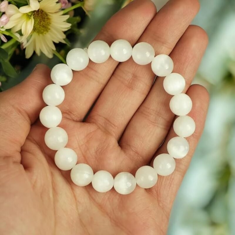 Lab Certified Natural Selenite Bracelet AAA Grade 10mm Stretchable Unisex Original Real Crystal Bracelet For Crown Chakra, Aura Cleansing, Purification, Peace & Meditation